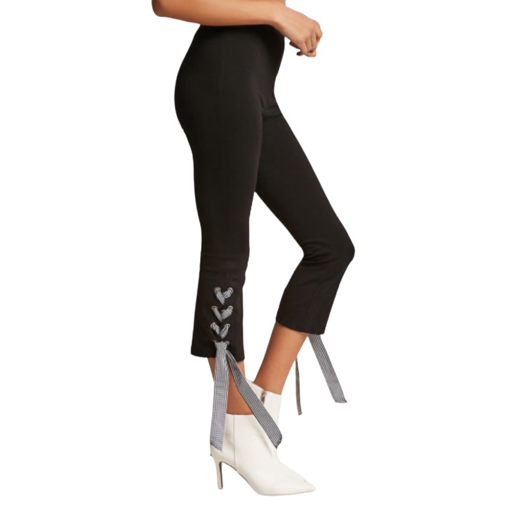 Lace-Up Cropped Pants NEW L Leggings Crop Gingham Ribbon Tie Stretch High Waist